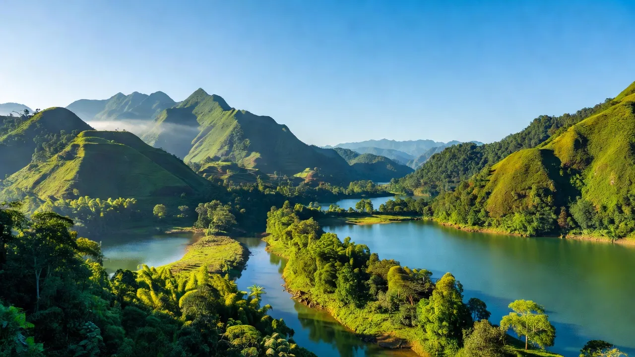 Toàn cảnh huyện Quỳnh Nhai, Sơn La, với sông Đà và núi non xanh tươi, đẹp tự nhiên.