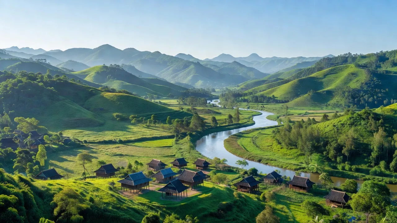 Khung cảnh huyện Sông Mã, tỉnh Sơn La với đồi núi, thung lũng sông Mã và nhà truyền thống người Thái.
