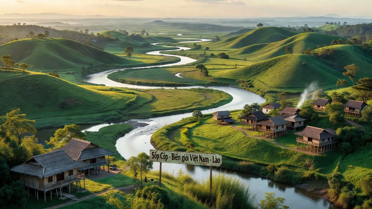 Khung cảnh huyện Sốp Cộp, Sơn La, với đồi núi xanh và làng quê truyền thống, gần biên giới Lào.