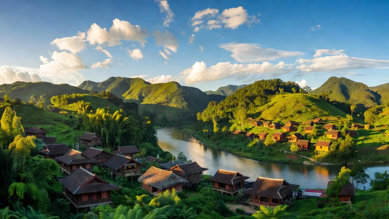 Cảnh đẹp huyện Thuận Châu, Sơn La với đồi núi, sông Đà và nhà truyền thống.