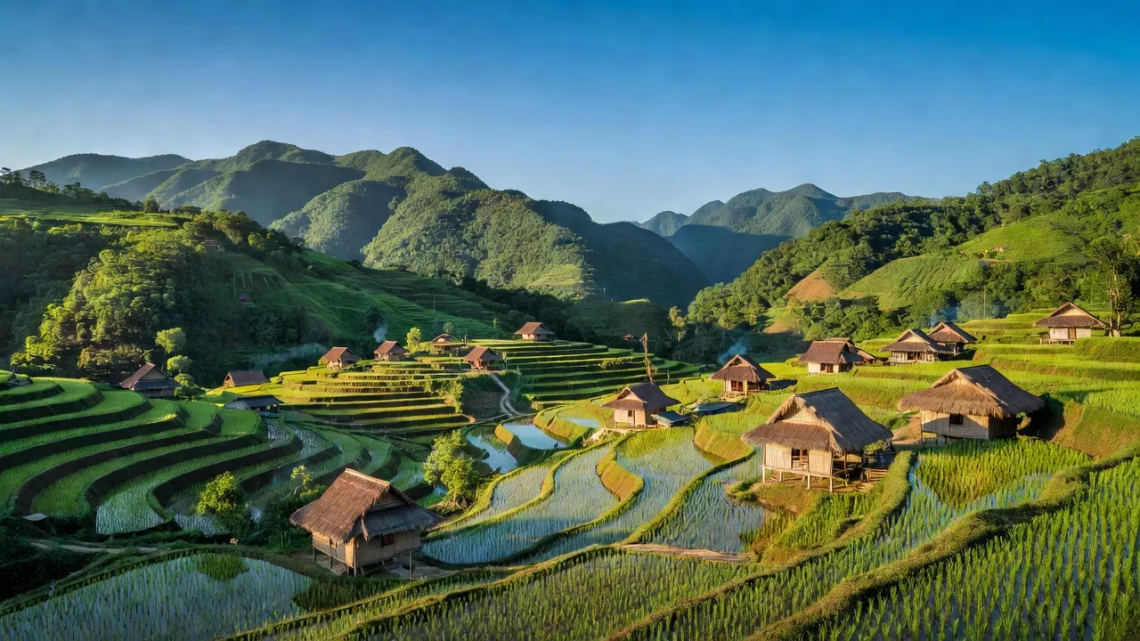 Tầm nhìn quang cảnh huyện Vân Hồ, tỉnh Sơn La với núi non xanh và ruộng bậc thang.