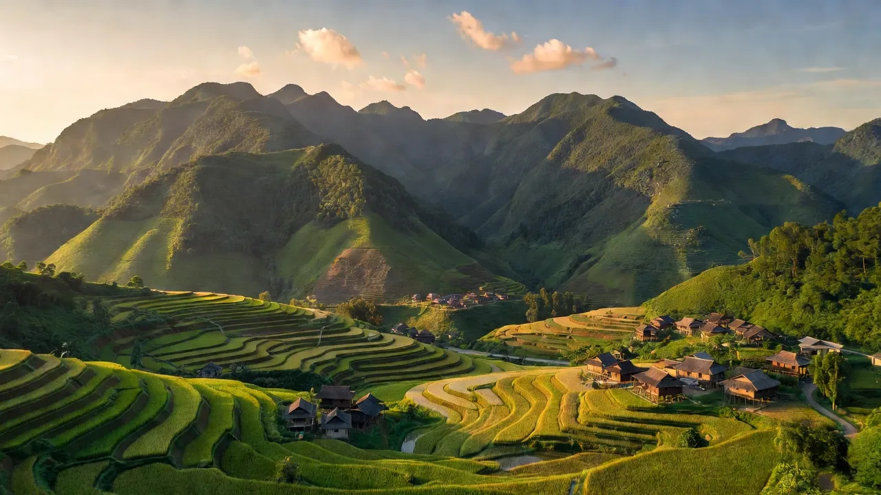 Cảnh quan huyện Yên Châu, Sơn La với núi xanh, ruộng bậc thang và bản làng truyền thống.