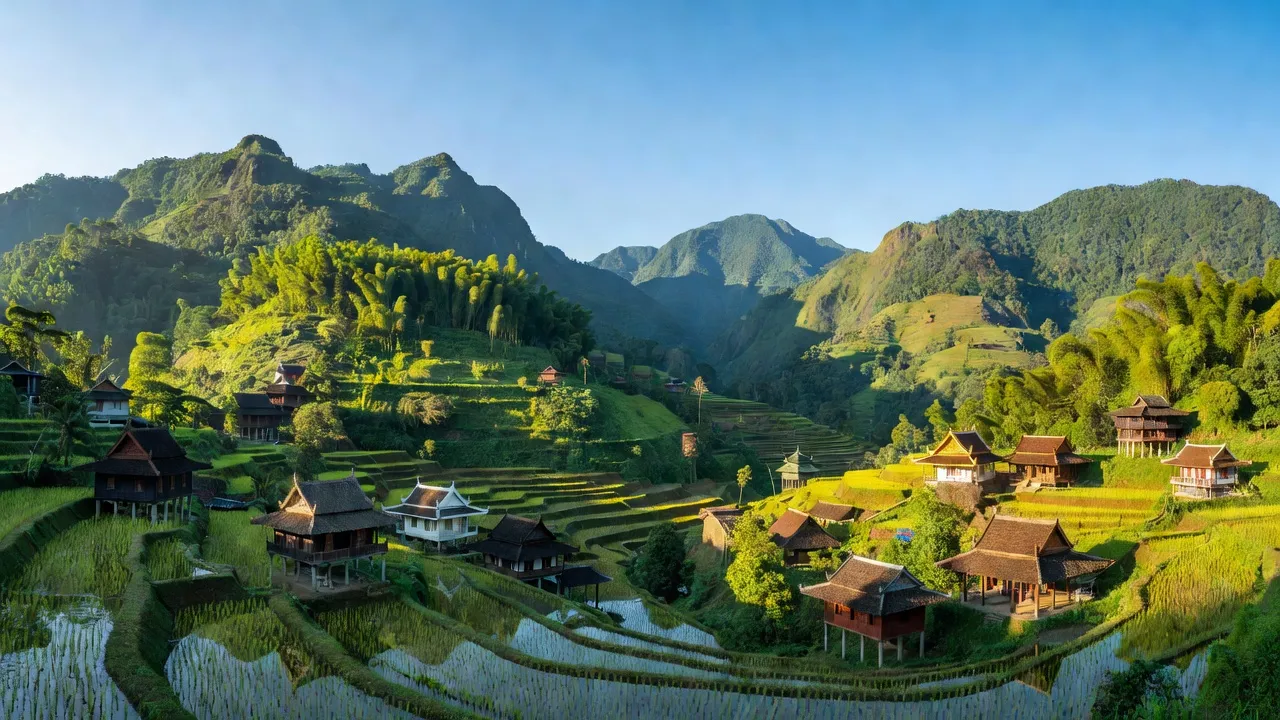 Phong cảnh núi non tỉnh Sơn La với ruộng bậc thang và nhà của đồng bào dân tộc