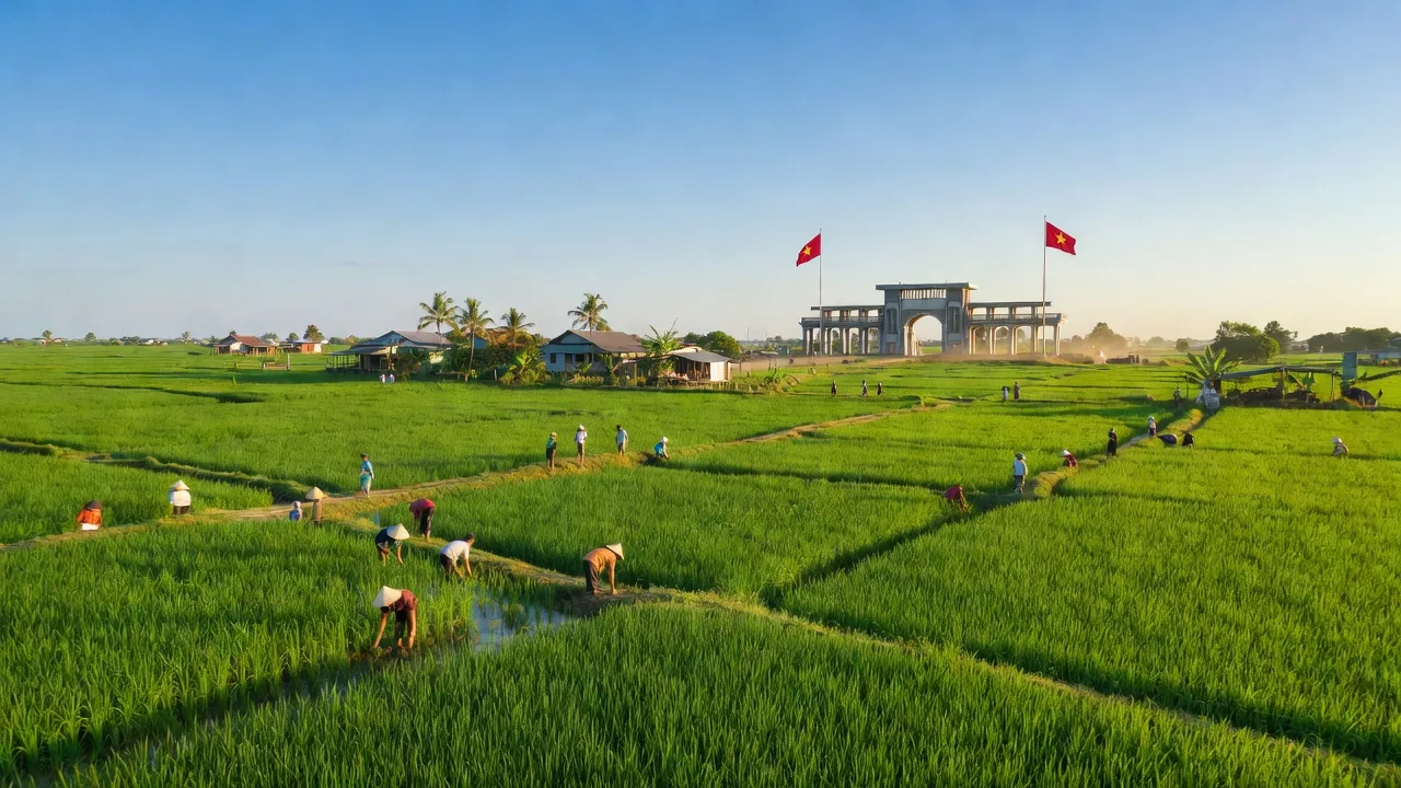 Cảnh quan huyện Bến Cầu, Tây Ninh, gần cửa khẩu Mộc Bài, với cánh đồng và đường giao thông.