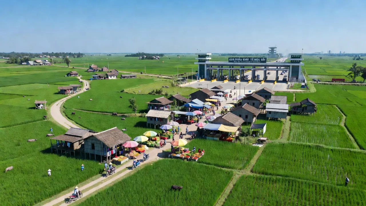 Khung cảnh huyện Bến Cầu, Tây Ninh với cảnh quan thiên nhiên xanh tươi và cửa khẩu quốc tế Mộc Bài.
