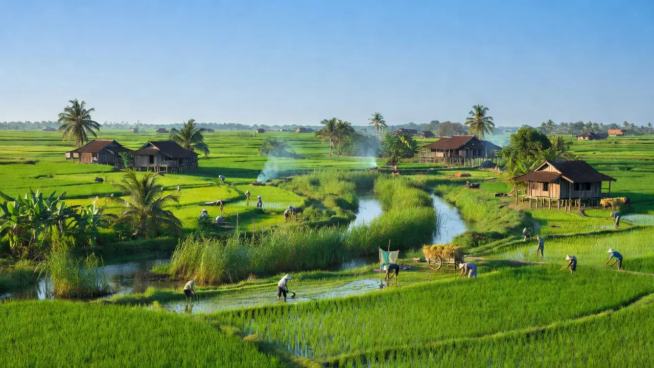 Cảnh quan huyện Châu Thành, tỉnh Tây Ninh với cánh đồng xanh, làng quê và hoạt động nông nghiệp.