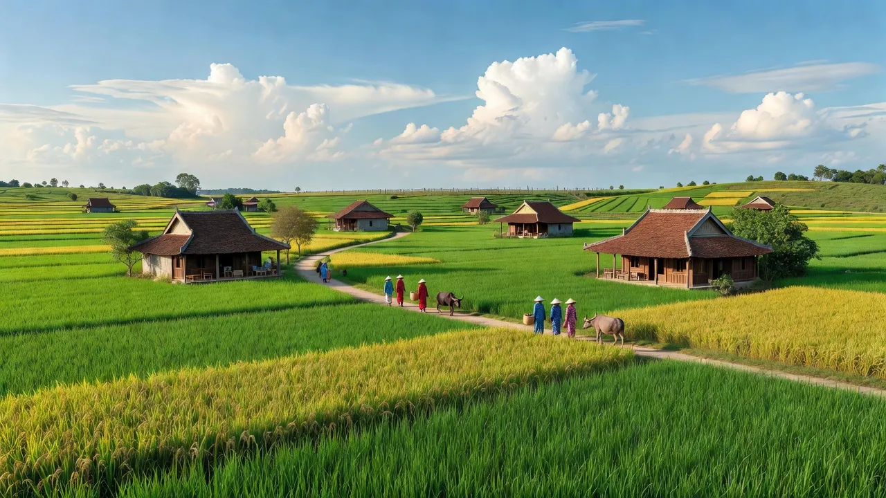 Cảnh quan huyện Châu Thành, tỉnh Tây Ninh với đồng xanh, nhà truyền thống và biên giới Campuchia.