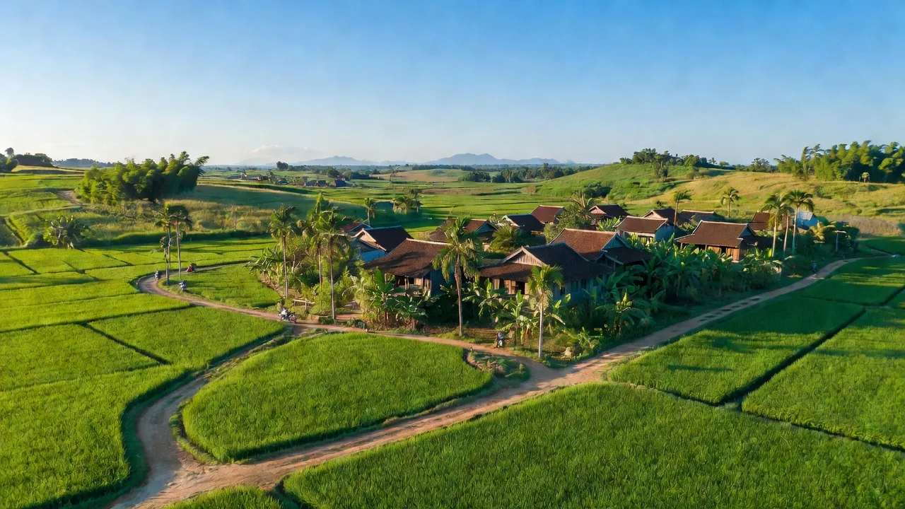 Cảnh quan xanh tươi của huyện Dương Minh Châu, Tây Ninh với đồng ruộng và núi non xa xôi.