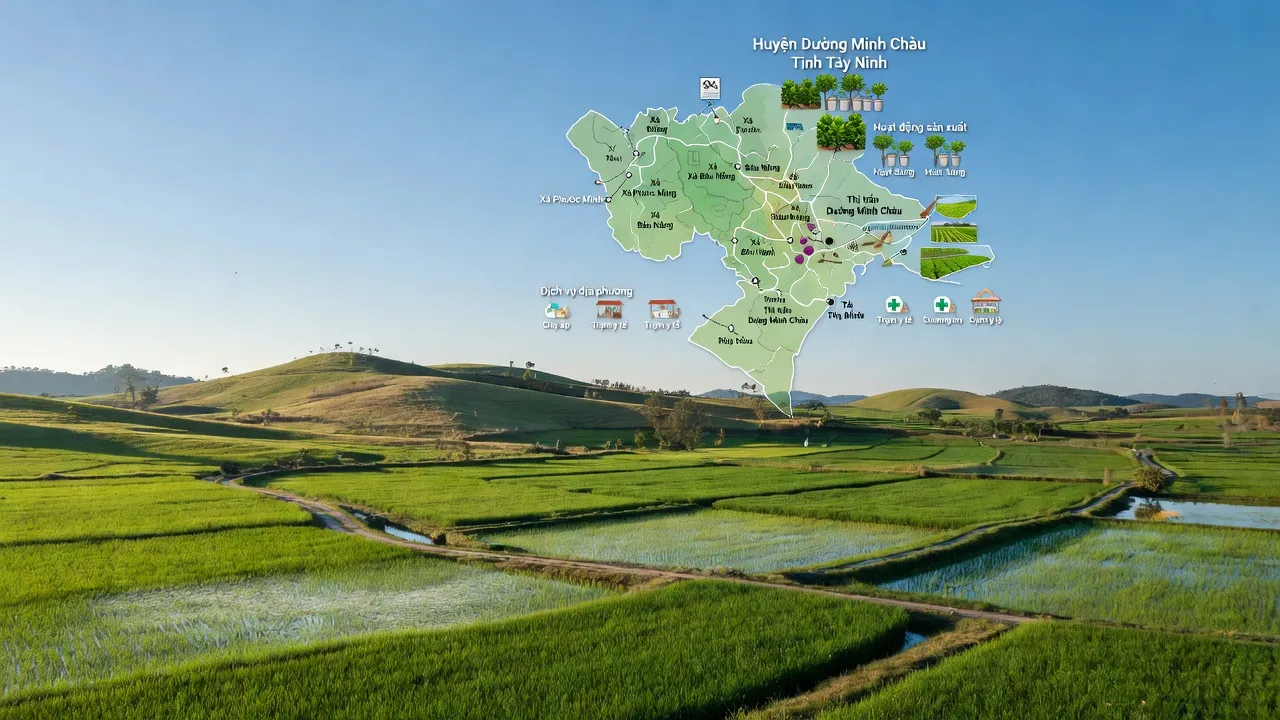Khung cảnh huyện Dương Minh Châu, Tây Ninh với cánh đồng xanh tươi và đồi núi nhẹ nhàng.