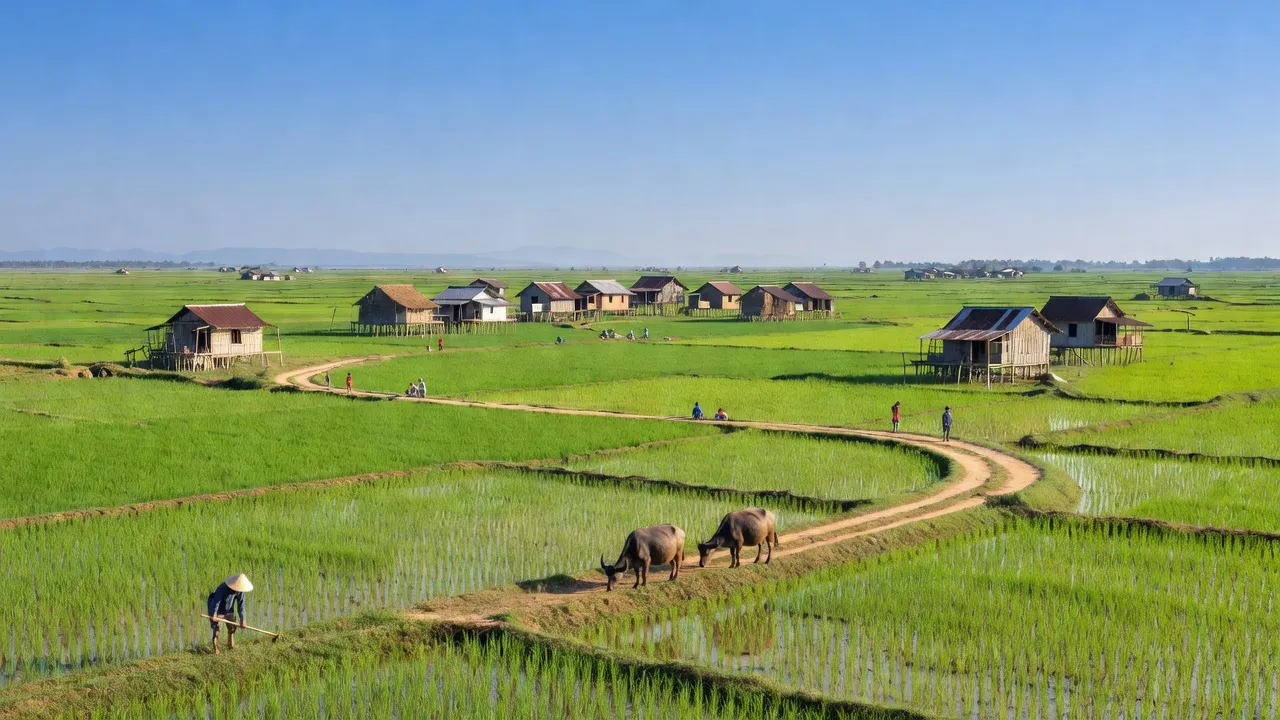 Quang cảnh huyện Gò Dầu, Tây Ninh với đồng ruộng xanh và đường chân trời rõ nét.