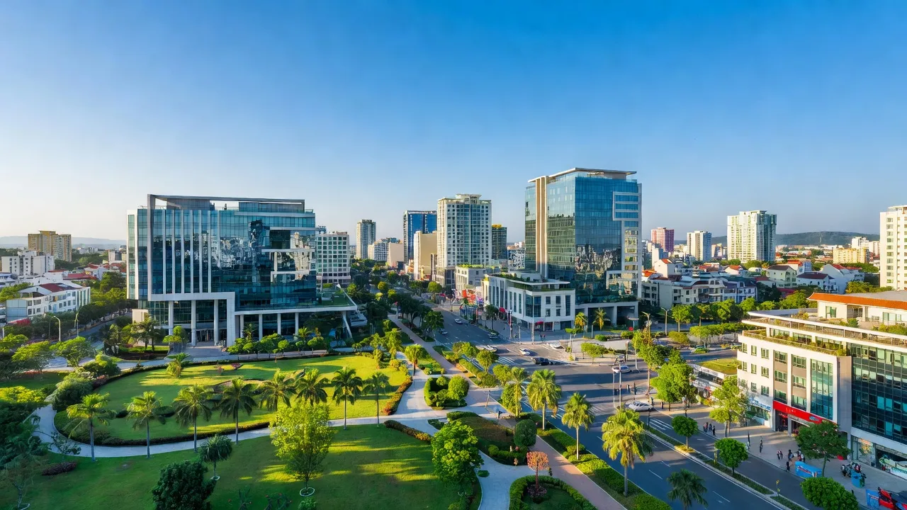 Thị xã Hòa Thành, Tây Ninh với cảnh quan hiện đại, công trình và bầu trời trong xanh.