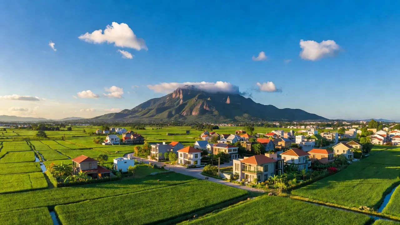 Thị xã Hòa Thành, Tây Ninh với cảnh quan xanh và phát triển hiện đại trong ánh nắng.