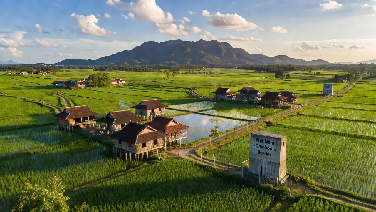Huyện Tân Biên, Tây Ninh với cảnh quan xanh, kiến trúc truyền thống và vị trí biên giới với Campuchia.