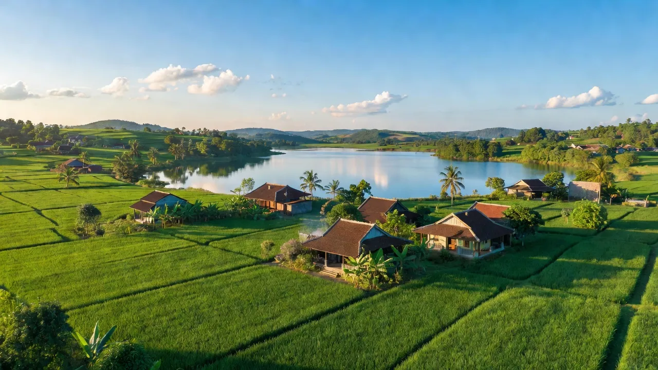 Cảnh đẹp huyện Tân Châu, Tây Ninh với hồ Dầu Tiếng và cánh đồng xanh tươi.