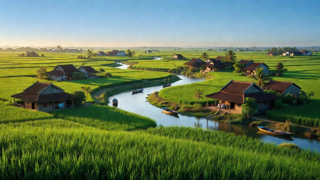 Huyện Đông Hưng, Thái Bình với đồng ruộng, sông và nhà truyền thống độc đáo, cảnh quan đẹp.