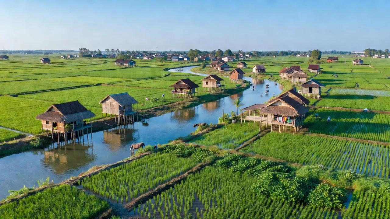 Khung cảnh huyện Hưng Hà, tỉnh Thái Bình với sông, đồng xanh và kiến trúc Việt Nam truyền thống.