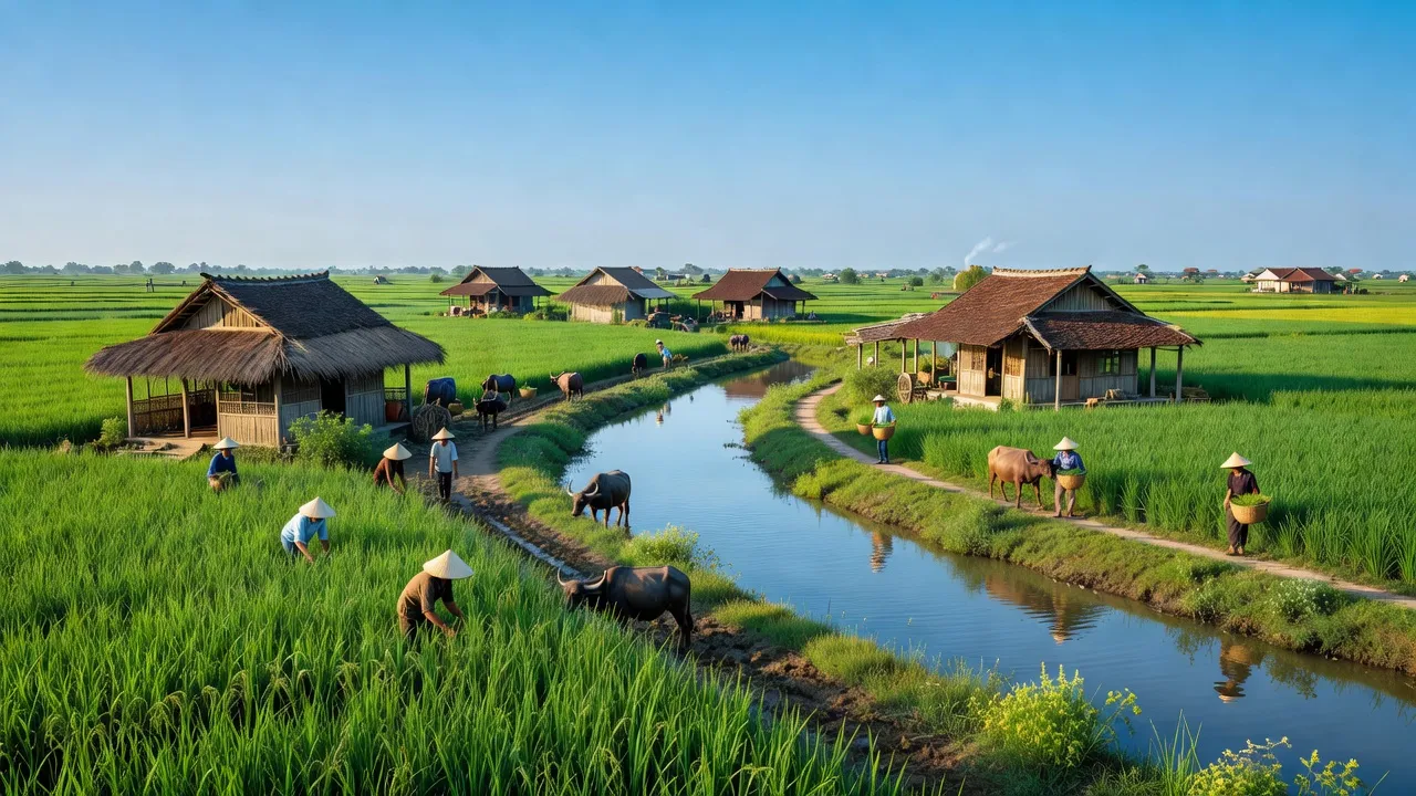 Khung cảnh huyện Kiến Xương, Thái Bình với ruộng xanh và nhà truyền thống Việt Nam.