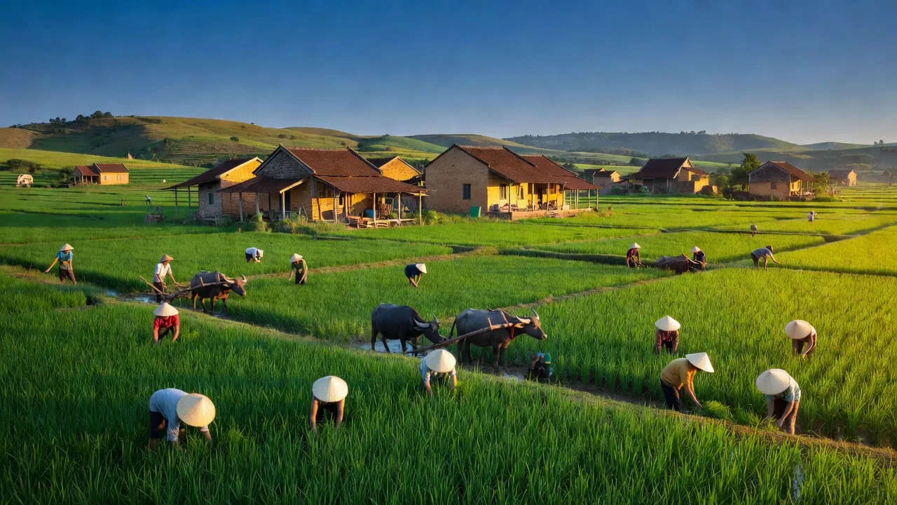 Cảnh đẹp huyện Quỳnh Phụ, Thái Bình với cánh đồng xanh, kiến trúc truyền thống Việt Nam.
