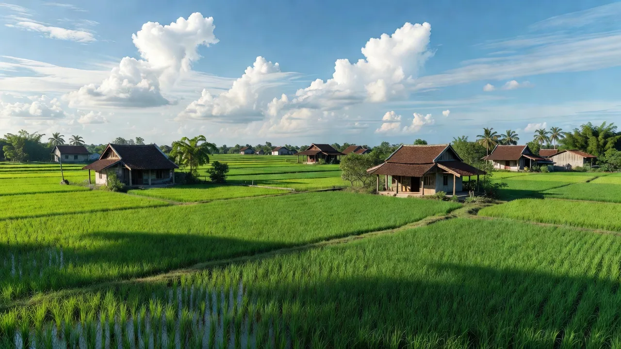 Cảnh quan huyện Quỳnh Phụ, Thái Bình với ruộng lúa xanh và nhà truyền thống Việt Nam.