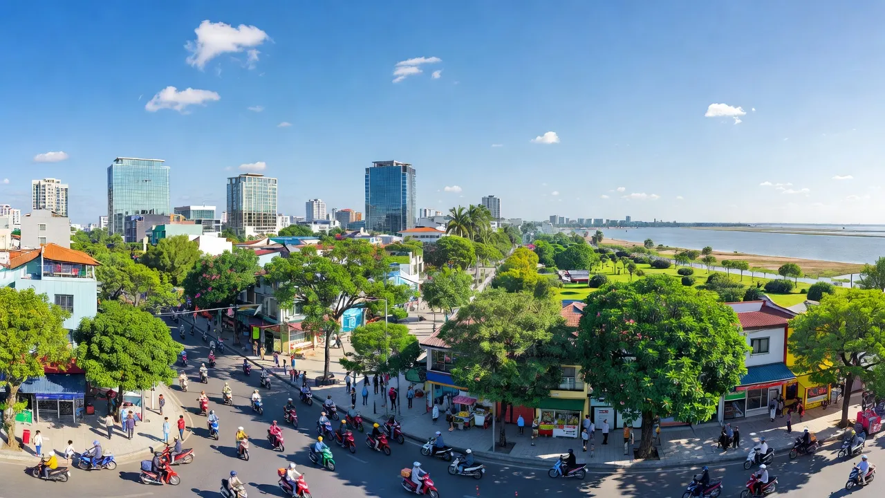 Khung cảnh thành phố Thái Bình với các tòa nhà hiện đại và khu vực ven biển, Việt Nam.