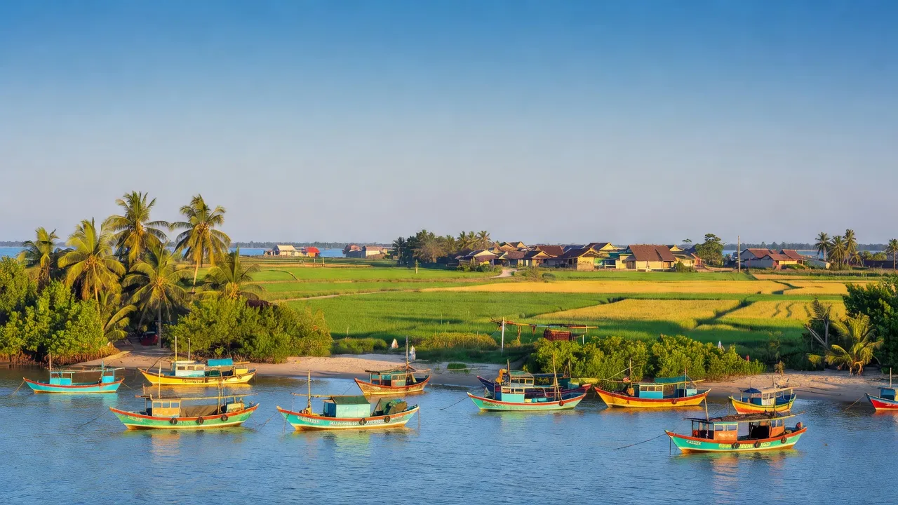Khung cảnh ven biển Tiền Hải, Thái Bình với thuyền đánh cá và cánh đồng xanh tươi.