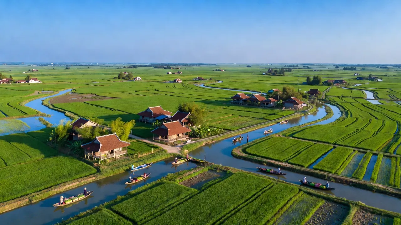 Khung cảnh huyện Vũ Thư, Thái Bình với cánh đồng xanh, dòng sông và nhà truyền thống.