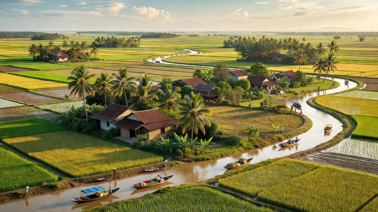 Khung cảnh huyện Vũ Thư, Thái Bình với đồng ruộng, sông Trà Lý và làng quê yên bình.