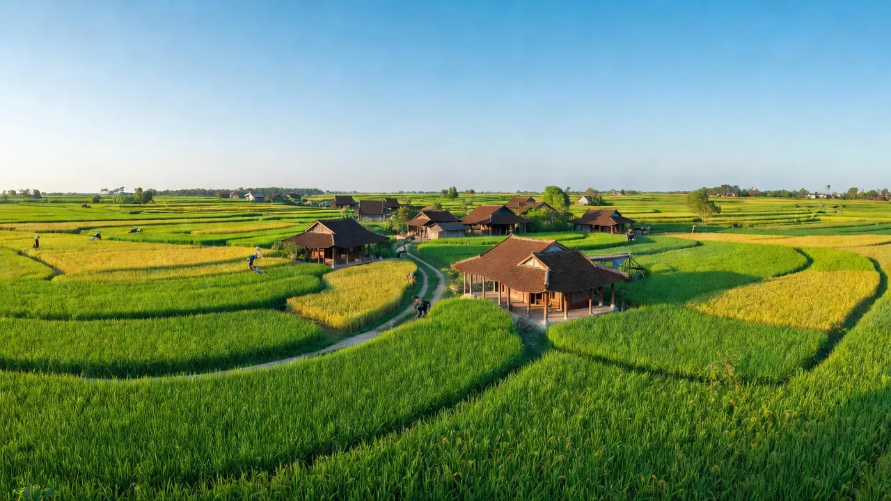 Khung cảnh tỉnh Thái Bình với cánh đồng lúa xanh mướt và nhà truyền thống, thể hiện nét đẹp văn hóa nông nghiệp.