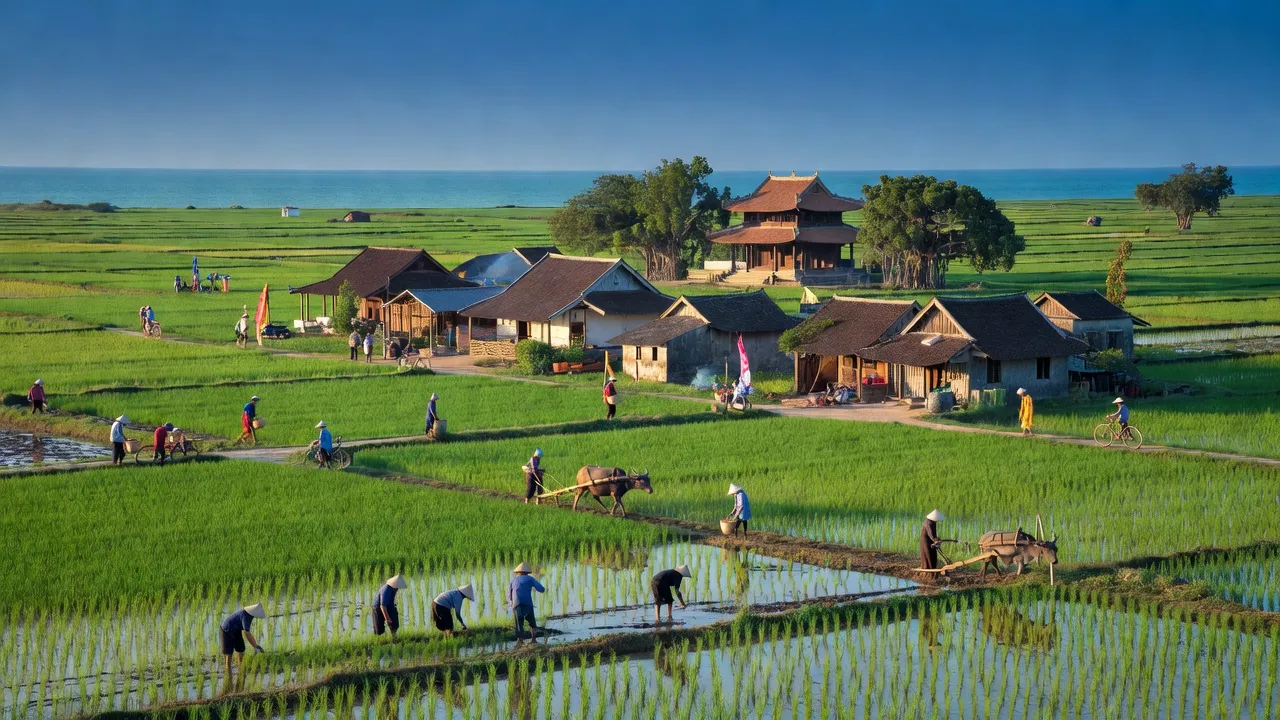 Khung cảnh tỉnh Thái Bình với cánh đồng xanh, làng quê truyền thống và bầu trời trong xanh.