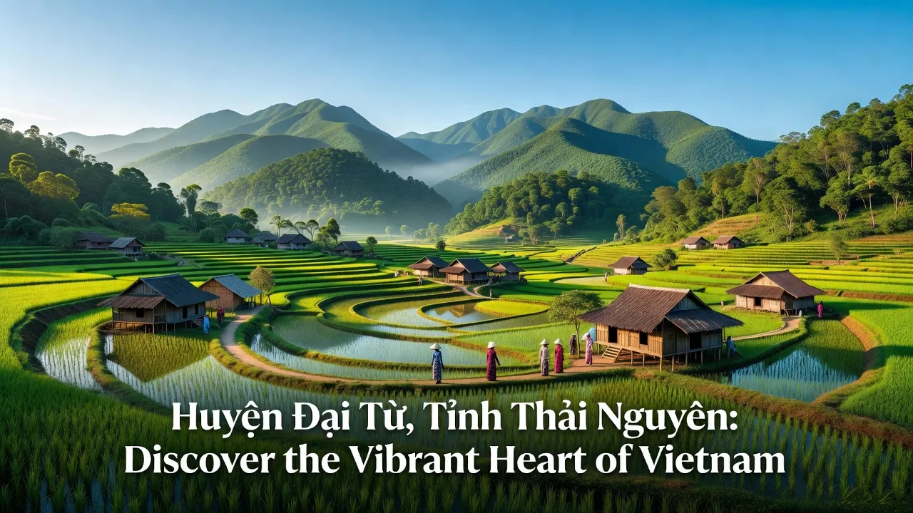 Khung cảnh Huyện Đại Từ, Tỉnh Thái Nguyên với núi non xanh, cánh đồng lúa và làng quê.