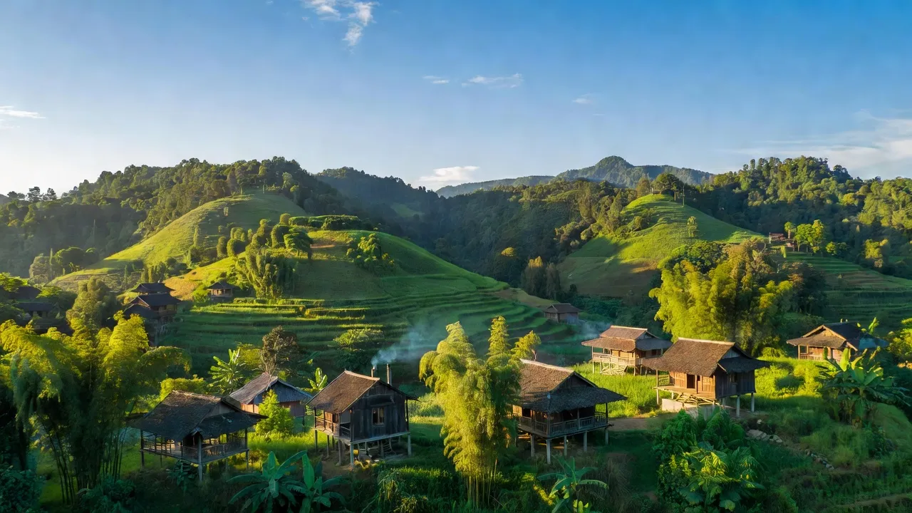 Khung cảnh huyện Định Hóa, Thái Nguyên với đồi núi xanh và bản làng dân tộc Tày.
