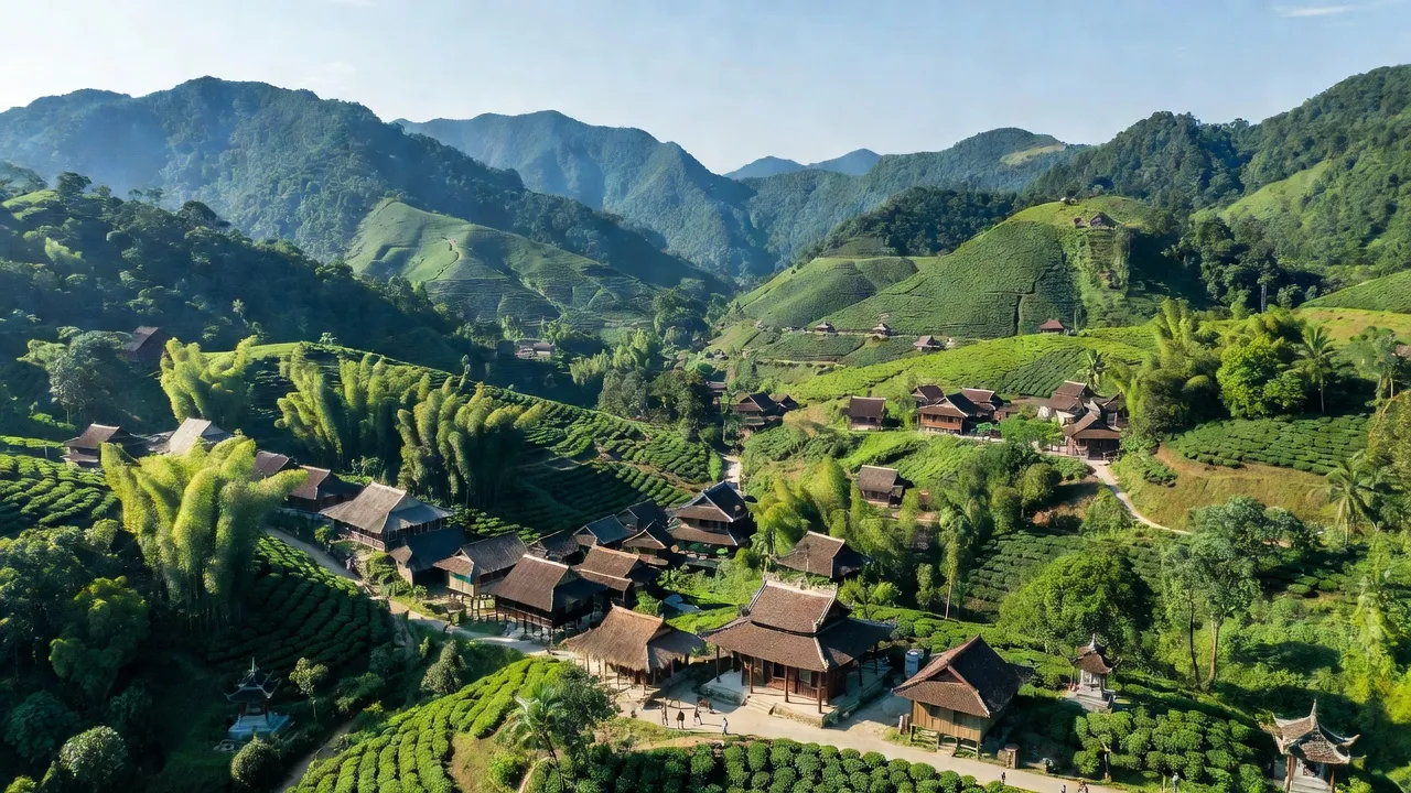 Khung cảnh huyện Định Hóa, Thái Nguyên với núi non, làng quê và không gian văn hóa phong phú.