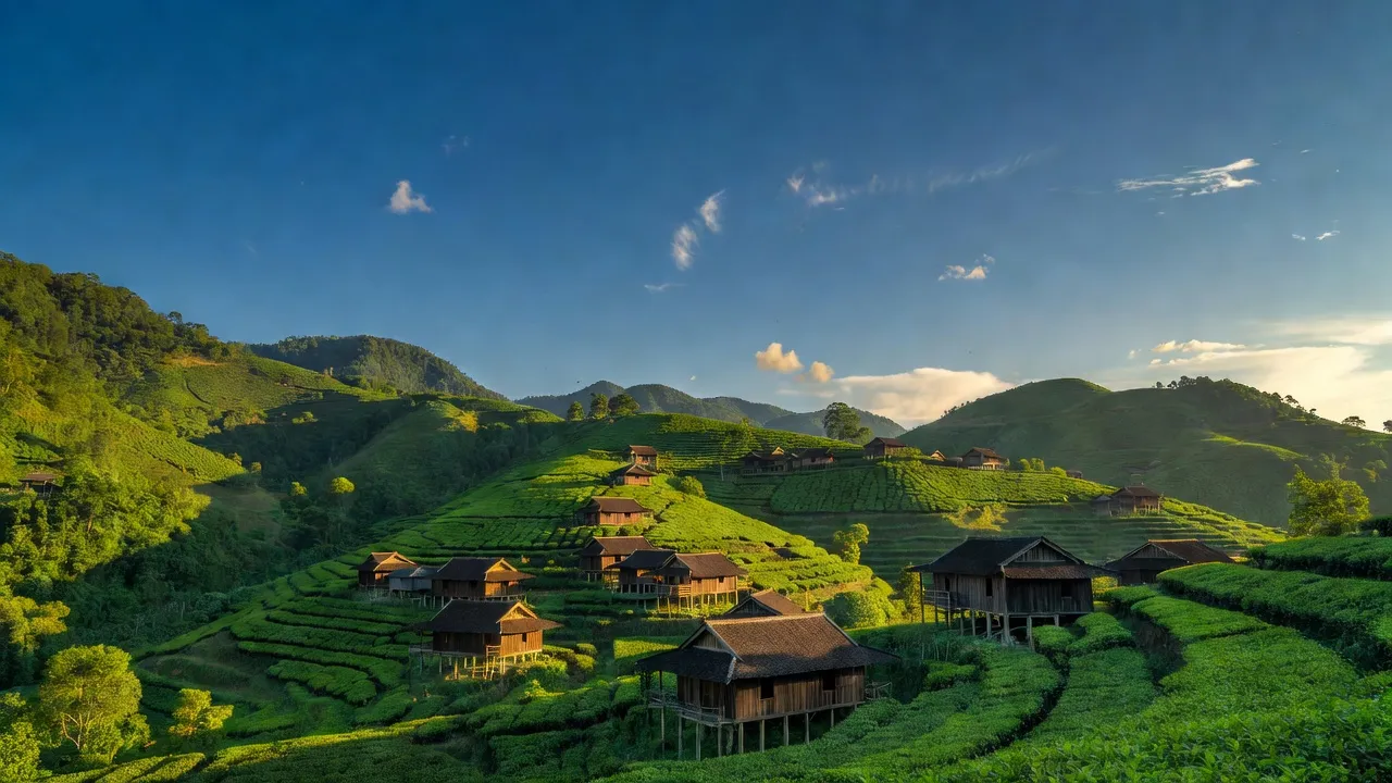 Khung cảnh thiên nhiên huyện Đồng Hỷ, tỉnh Thái Nguyên với đồi núi và nhà truyền thống.