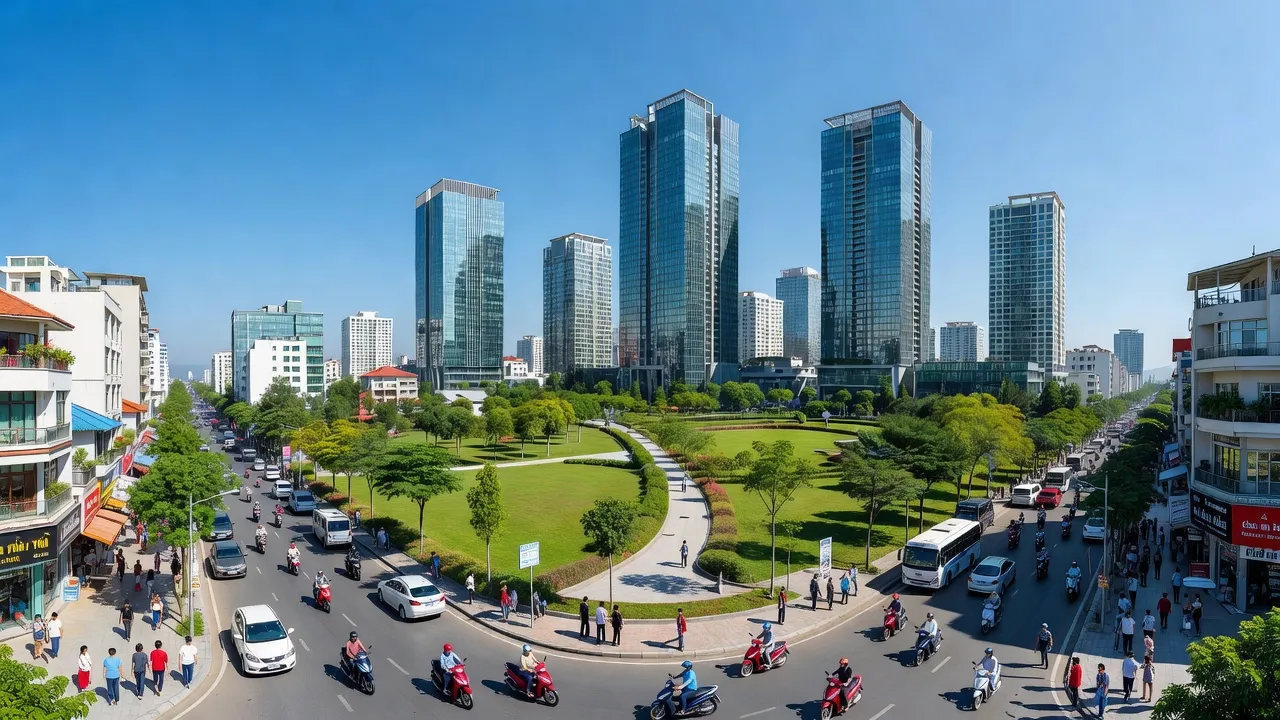 Cảnh quan thành phố Phổ Yên, Thái Nguyên, với kiến trúc hiện đại và không gian xanh tươi mát.