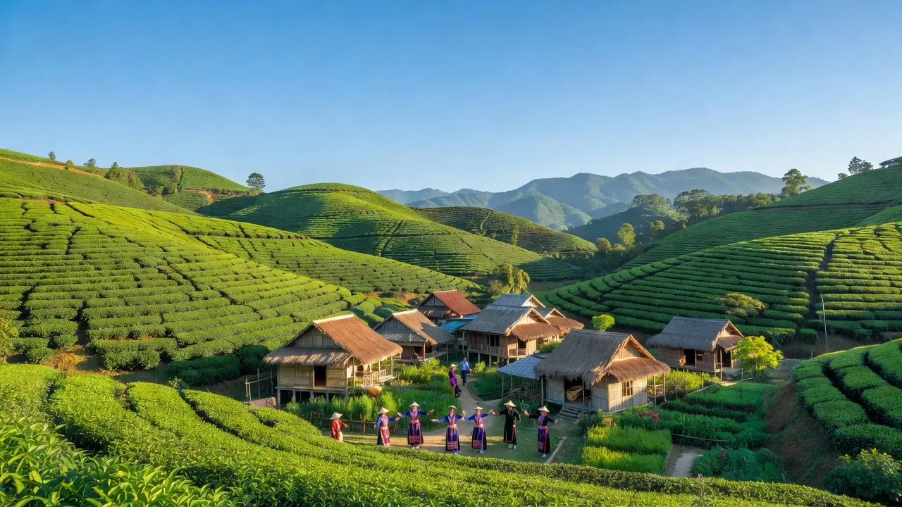 Khung cảnh huyện Phú Lương, Thái Nguyên với đồi chè xanh mướt và làng quê yên bình.