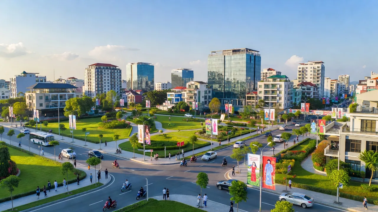 Thành phố Sông Công, Thái Nguyên với hạ tầng hiện đại và không gian xanh, trung tâm kinh tế quan trọng.