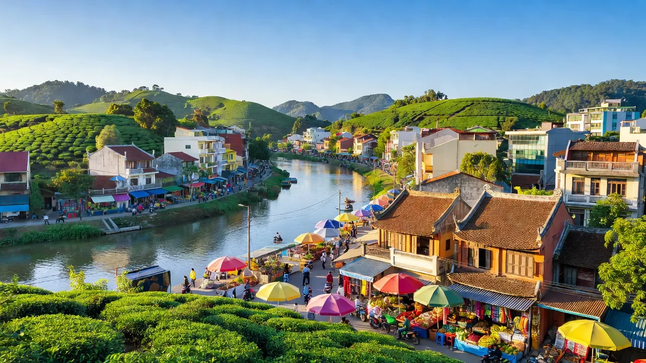 Thành phố Thái Nguyên with lush greenery, Cầu River, and vibrant markets showcasing urban life.