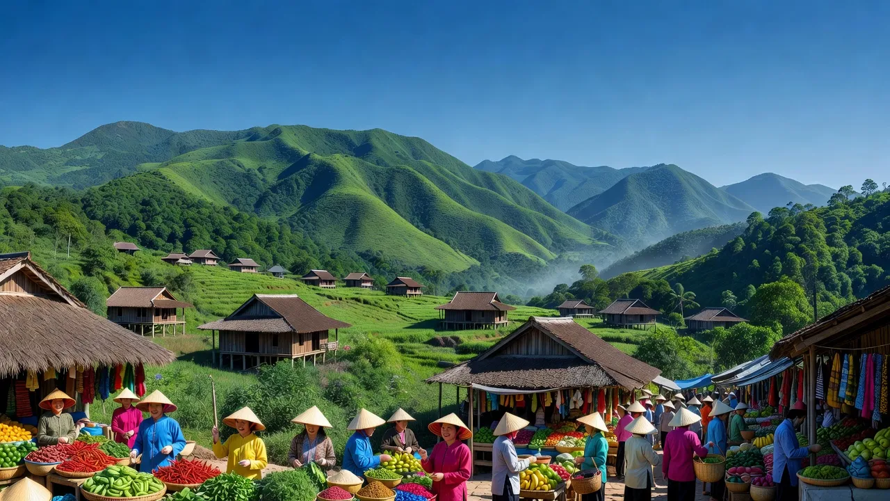 Khung cảnh huyện Võ Nhai, tỉnh Thái Nguyên với núi xanh, nhà truyền thống và chợ địa phương sôi động.
