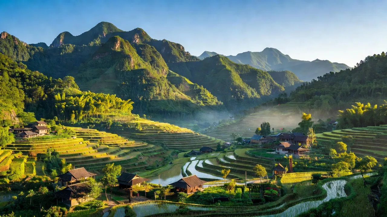 Khung cảnh thiên nhiên huyện Võ Nhai, Thái Nguyên với núi xanh, ruộng bậc thang và làng truyền thống.