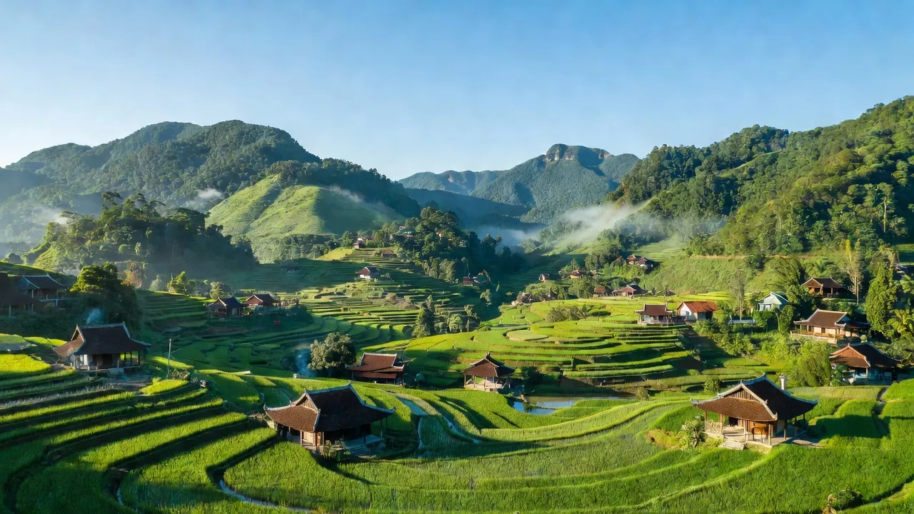 Cảnh quan tỉnh Thái Nguyên với núi non xanh mát, thung lũng rộng và ruộng bậc thang.