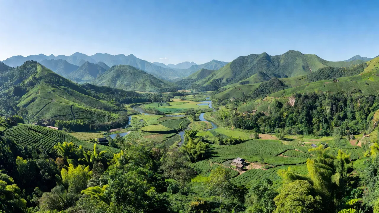 Khung cảnh tỉnh Thái Nguyên với núi non xanh tươi và thung lũng rộng, vùng Đông Bắc Bộ.