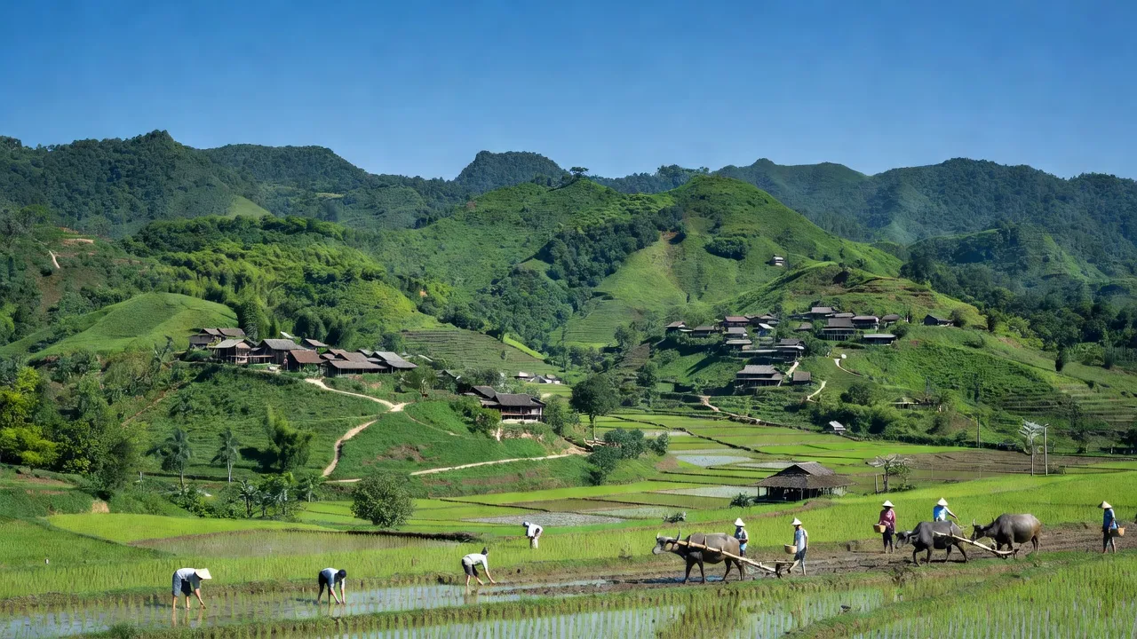 Khung cảnh huyện Bá Thước, Thanh Hóa với núi xanh, nhà làng truyền thống và ruộng bậc thang.