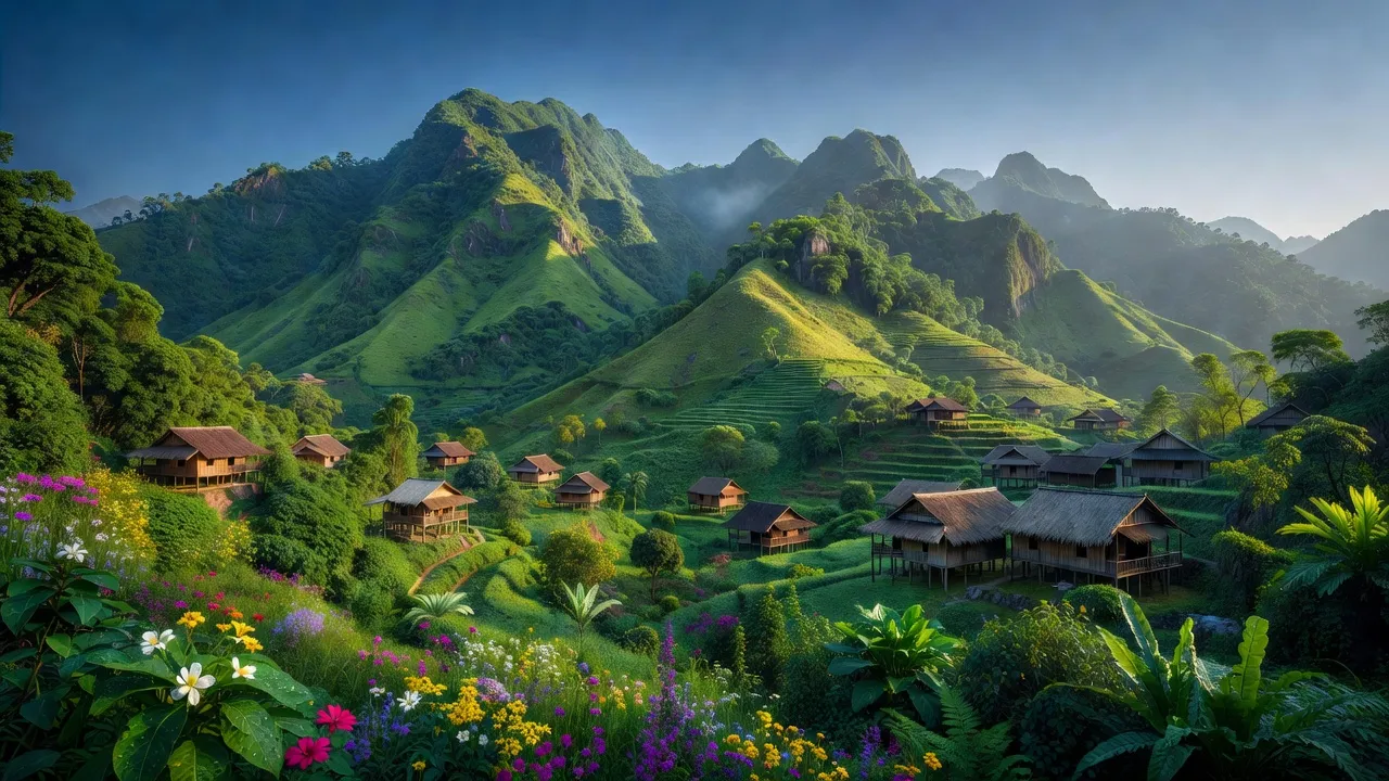 Quang cảnh huyện Bá Thước Thanh Hóa với núi xanh và nhà truyền thống, thời tiết đẹp.