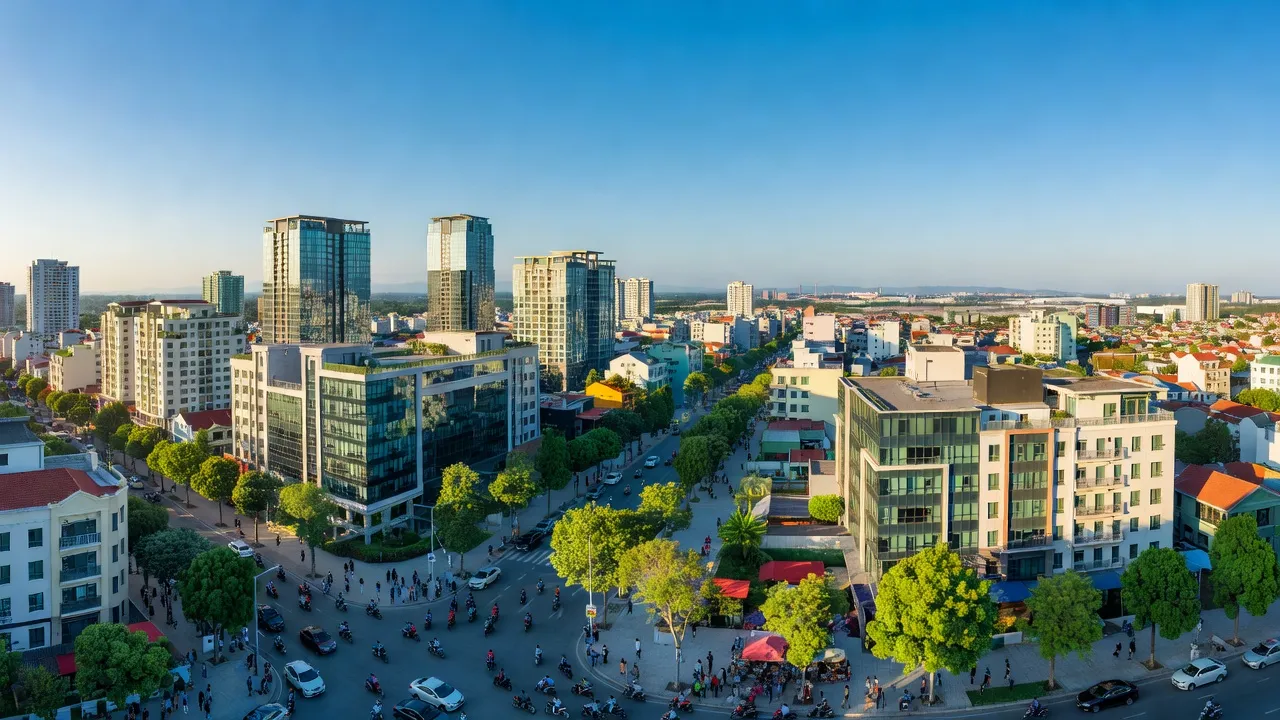 Thị xã Bỉm Sơn, Thanh Hóa với khu đô thị hiện đại và cây xanh, thể hiện sự phát triển.