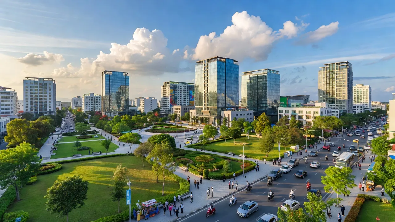 Thị xã Bỉm Sơn, tỉnh Thanh Hóa với kiến trúc hiện đại và không gian xanh, thiên nhiên đẹp.