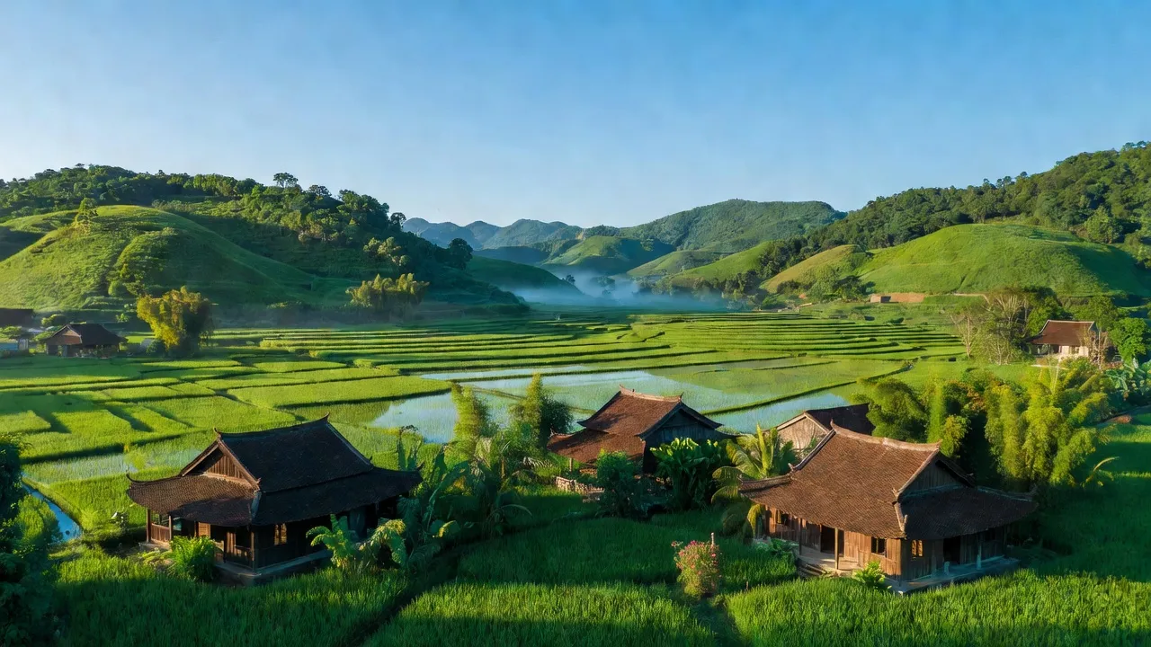 Khung cảnh huyện Cẩm Thủy, Thanh Hóa với đồi núi xanh, cánh đồng gạo và nhà truyền thống.