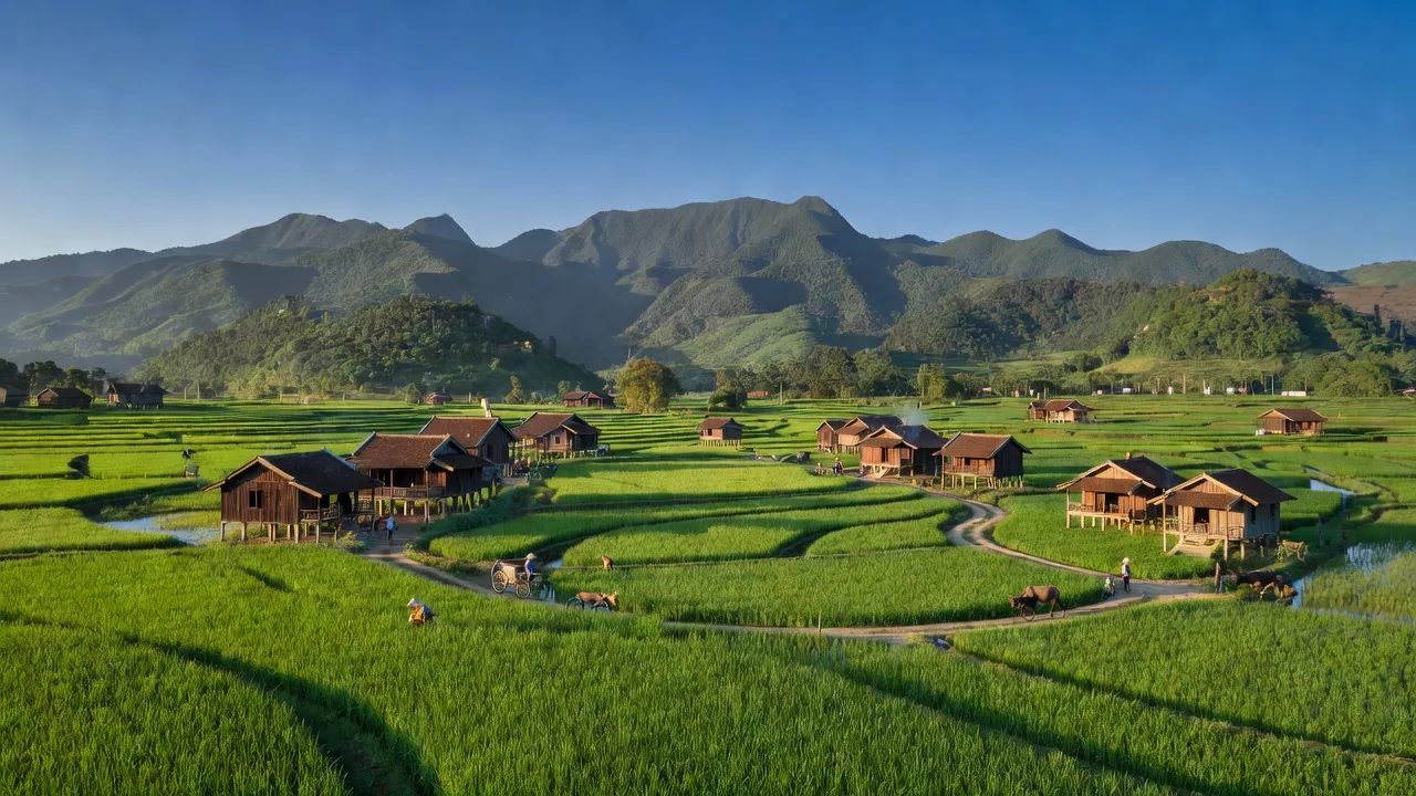 Khung cảnh huyện Cẩm Thủy, Thanh Hóa với ruộng xanh và núi non hùng vĩ.