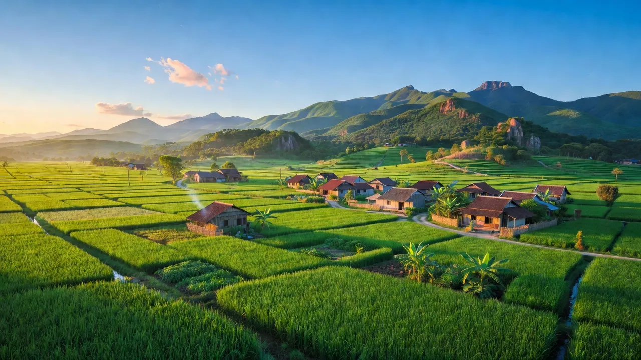 Huyện Hà Trung, Thanh Hóa, với cánh đồng xanh và núi non dưới bầu trời rực rỡ.