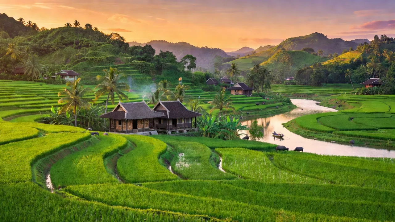 Khung cảnh huyện Hà Trung, Thanh Hóa với cánh đồng lúa xanh tươi và nhà Việt Nam truyền thống.