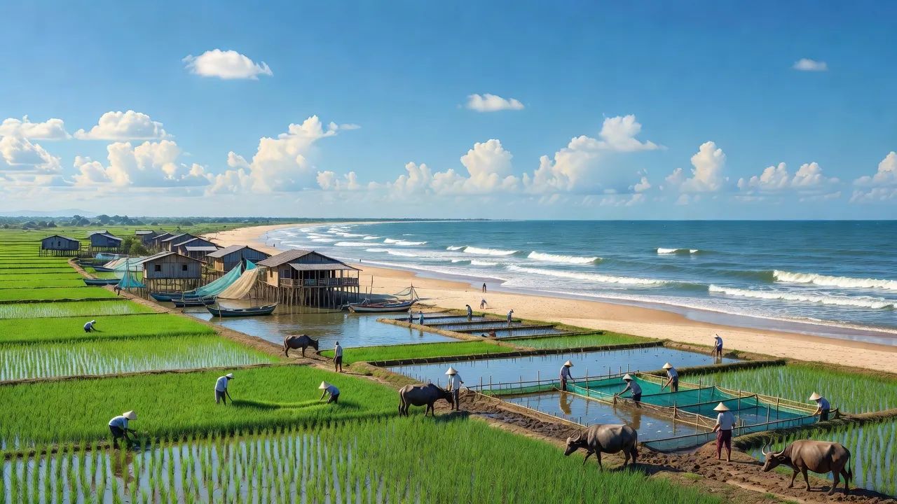 Khung cảnh huyện Hoằng Hóa, Thanh Hóa với bãi biển dài, làng chài và thiên nhiên tươi đẹp.